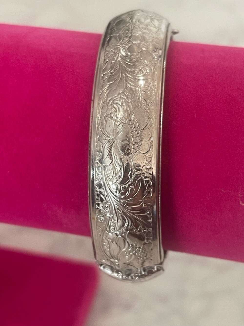 Engraved Floral Silver-Tone Bangle Bracelet - Women Jewelry